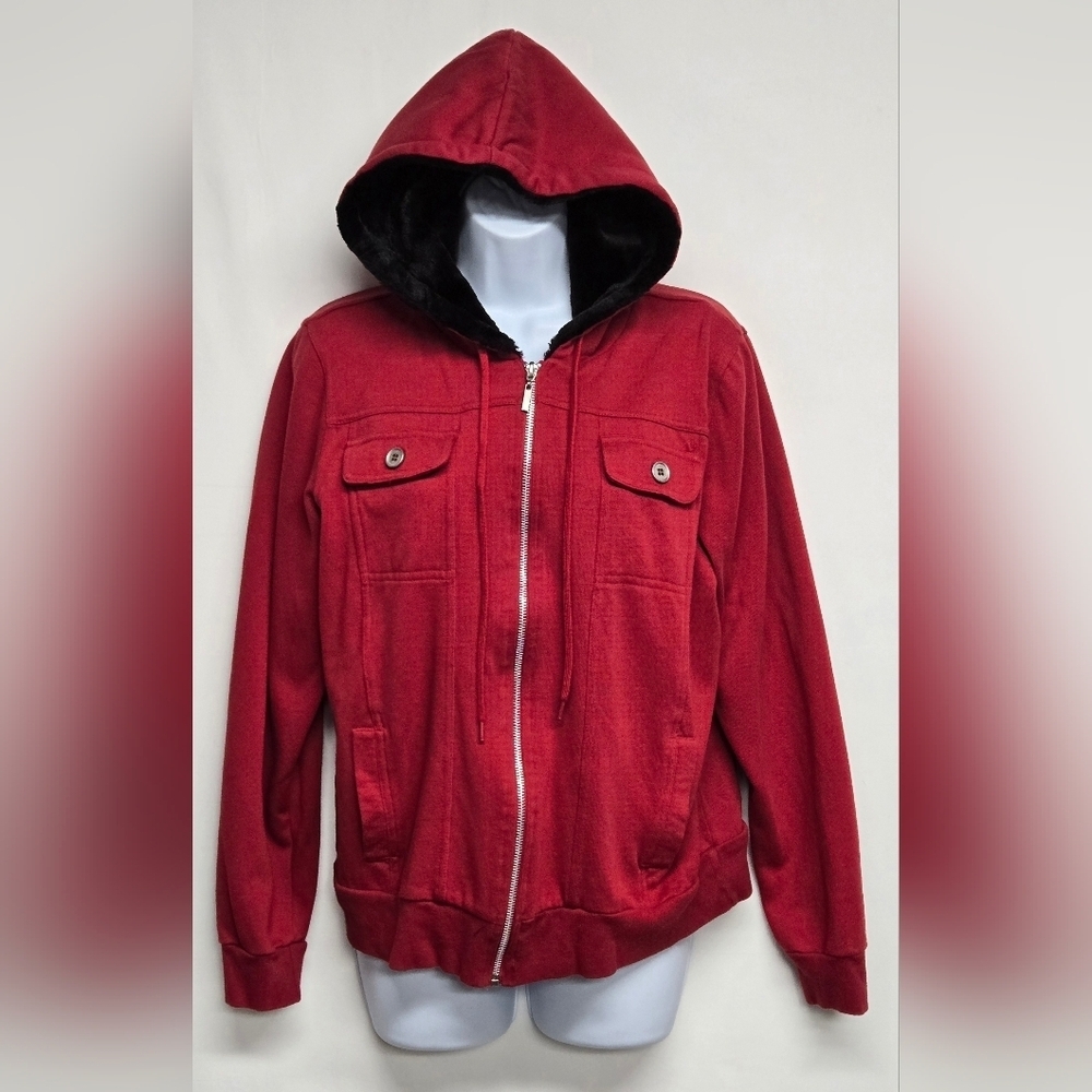 Liz & Co XL Red Hooded Sweat Jacket Zip Up Front Pockets Long Sleeve